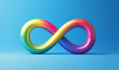 Rainbow shaped infinity symbol is on a blue background. Concept of endlessness and possibility