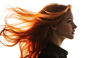 Beautiful young woman with copper-colored glowing hair isolated on white background