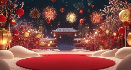 Festive lunar new year celebration with fireworks and lanterns in a snowy setting