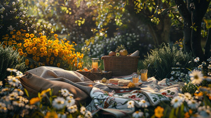 A delightful picnic scene unfolds in a colorful garden, featuring inviting blankets, wicker baskets brimming with fresh fruit, and the cheerful ambiance of summer blooms.
