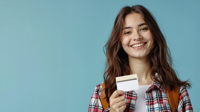 A woman holding a credit card in her hand