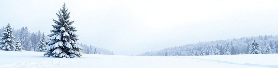 Naklejka premium Snowy forest landscape with a single tall tree against the white background, serene, peaceful