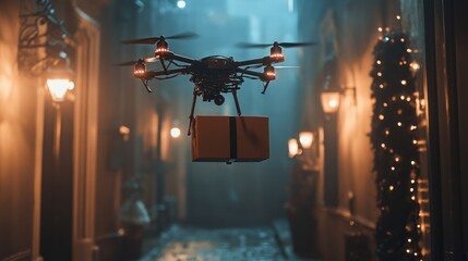 Drone delivering package in a festive nighttime alleyway