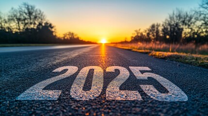 Road to 2025 at sunrise - highway journey towards new beginnings
