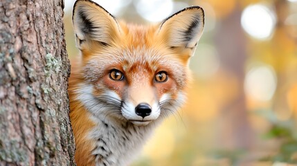Red fox peering from behind a tree trunk in autumnal forest.