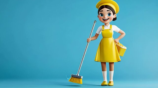 Playful Cartoon Maid Cleaning With Child in Colorful Home Environment