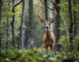 Obraz premium a deer with large antlers standing in a forest clearing