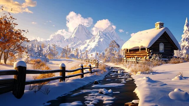 Colorful Cartoon Landscape of Snowy Alps with Glacier Lake and Playful Clouds