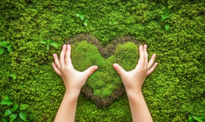 Eco Awareness, Child's Hands on Heart-Shaped Moss, Love for Nature