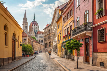 Fototapeta premium Colorful buildings line a cobblestone street leading to a grand parliament building under a sunny sky.
