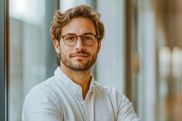 Fototapeta premium A man wearing glasses leaning against a window