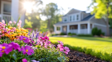 Vibrant colorful flowers blooming in a lush garden in front of a house on a sunny day.
