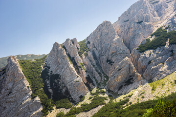 "Stapalata", or Steps, rock formation on the Mt. Razlozhski Sukhodol slope. Summer mountain landscape in Pirin national park near Bansko, Bulgaria.