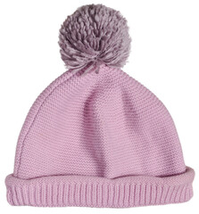Knitted woolen pink hat with pompom on isolated background