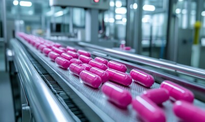Fototapeta premium Pharmaceutical Manufacturing Line with Pink Capsules