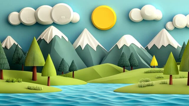 Colorful Cartoon Landscape Illustration of Mountains and Sea with Cute 3D House and Sun