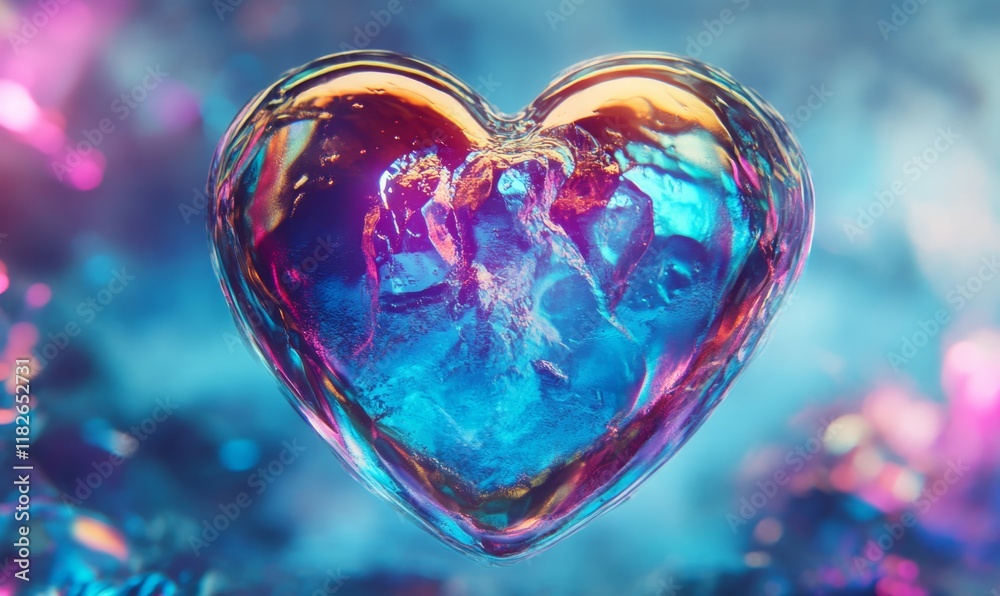 Sticker Shiny, colorful heart made of metal. The heart is surrounded by a blue and purple background