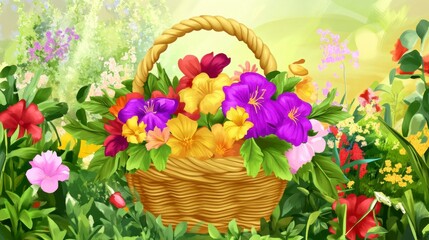 A Colorful Floral Basket Filled with Vibrant Blooms in a Garden Setting