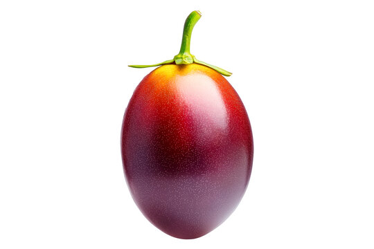 Closeup of a ripe red tamarillo or pitomba with green stem, isolated on white transparent background, showcasing its glossy texture and vibrant color