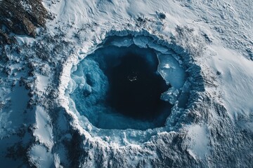 Spectacular aerial view of a stunning ice hole surrounded by pristine snow and rugged terrain in a remote winter landscape