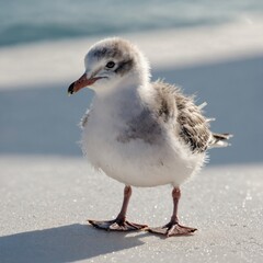 Fototapeta premium A cute baby seagull standing on a white surface.