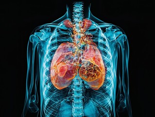 Diseased lungs highlighted in x ray of human chest cavity