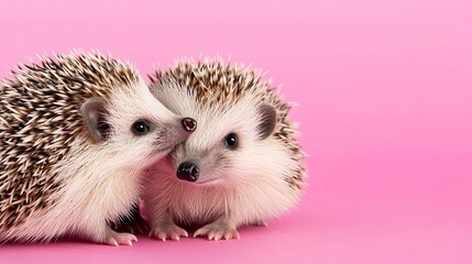 Obraz premium Two adorable hedgehogs snuggling on a pink background