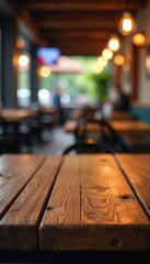 Empty rustic wood table, blurred restaurant bokeh background, detail, texture, rustic