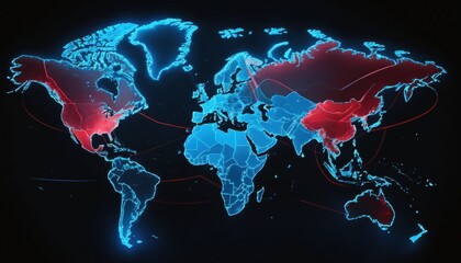 A digital representation of geopolitical risks affecting global stability and trade across continents.