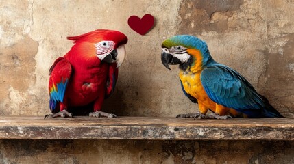 Vibrant macaw parrots with heart symbol on rustic background