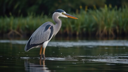 Fototapeta premium Great blue heron wading in shallow water.