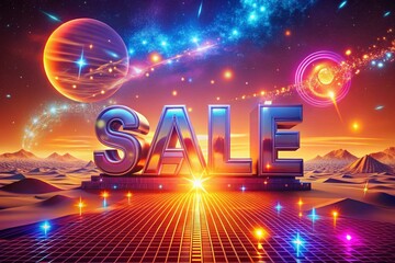 3D Sale Text with Flying Neon Percent Signs and Stars on Orange Holographic Background - Stock Photo
