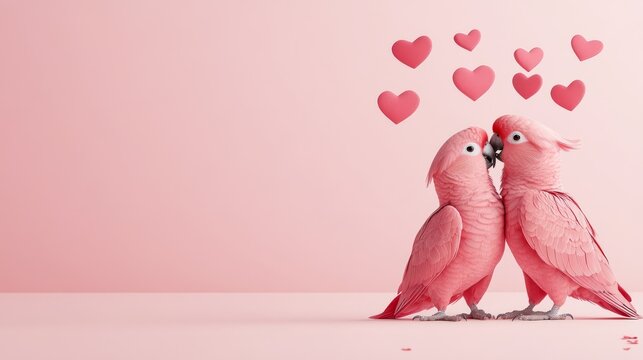 Pink parrots embracing with heart shapes on soft pink background