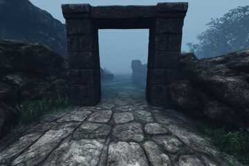 A stone archway with a stone wall on either side