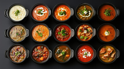 Assortment of colored vegetable and meat cream soups. Dietary food on a black background. Top view. Tomato, Pumpkin soup. 