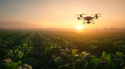 Drone surveying a green crop field at sunrise for agricultural innovation