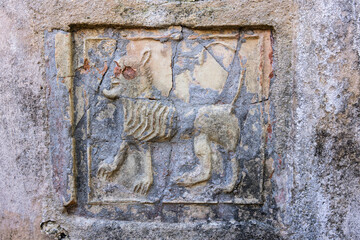 Tunis, Tunisia. Relief sculpture of a lion at the Baths of Antoninus in Carthage.