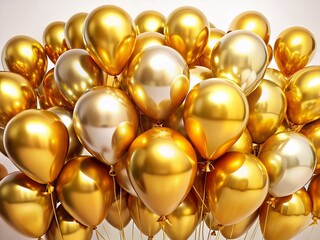 36 Golden Helium Balloons Floating, Realistic Foil & Latex, Isolated on White Background - Aerial View