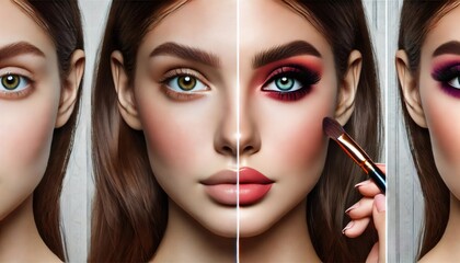 Stages of a professional makeup application highlighting the transformative power of cosmetics