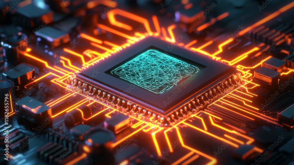 Poster close-up view of a computer chip showcasing intricate circuitry and glowing connections in a futuris