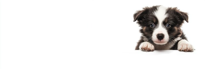 Obraz premium A cute border collie puppy playing on a white background, with a banner that has a copy space area Generative AI
