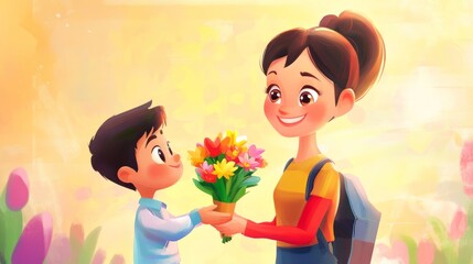 Young boy giving flowers to smiling woman in colorful animated scene