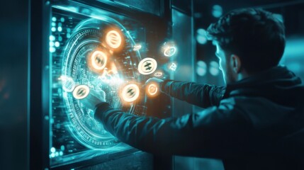 Digital interaction with futuristic technology at night in a cybernetic environment