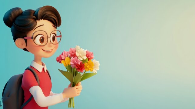 Animated young woman holding flowers with cheerful expression - Powered by Adobe
