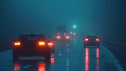 Concept of small dust particles PM2.5 Foggy road scene with cars illuminated by headlights in a misty atmosphere