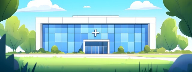 A hospital building with blue windows, in a cartoon style.