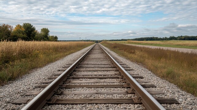 Straight railway track disappearing into the horizon, flanked by autumnal fields under a partly cloudy sky.