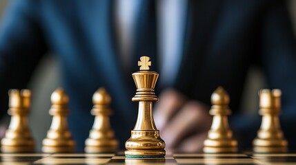 Golden chess pieces on board with businessman in suit focused on strategy