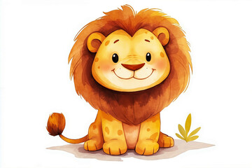 A cartoon lion sitting on the ground with a leaf in its mouth