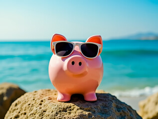 A pig wearing sunglasses is sitting on a rock by the ocean